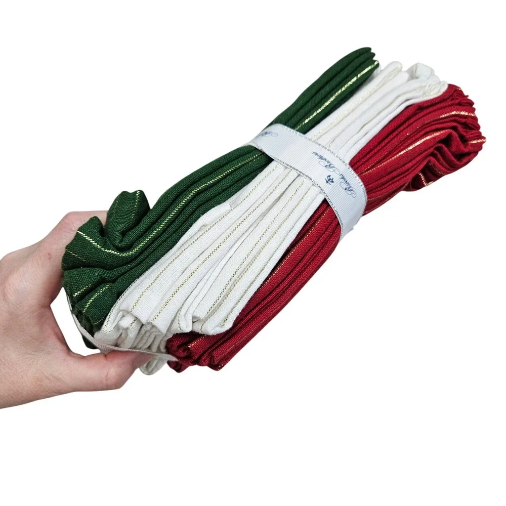 Brooks Brothers Napkins Set of 12 Red Green Cream Gold Pinstripe Holiday Table
